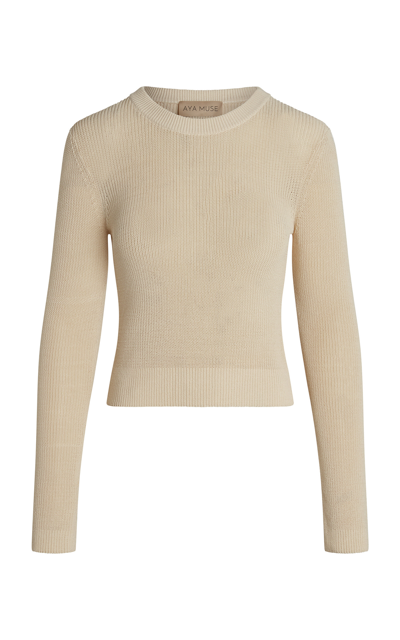 Aya Muse Lysi Scarf-detailed Stretch-cotton Knit Top In Tan