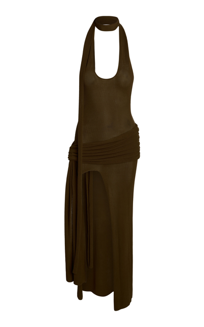 Aya Muse Alya Scarf-detailed Stretch-cotton Knit Maxi Dress In Brown