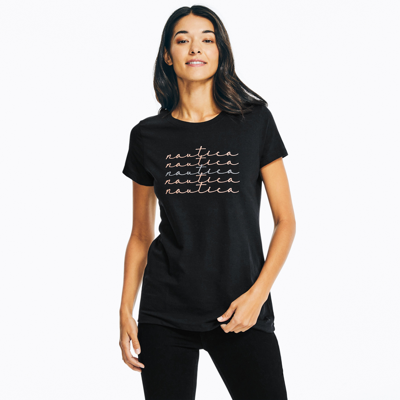 Nautica Womens Glitter Wave Logo Graphic T-shirt In Black