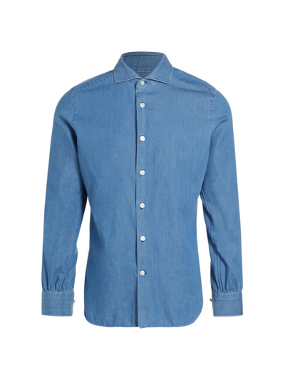 Kiton Men's Man Washed Cotton Button-up Shirt In Celestial Blue