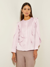 Misook Flutter Trim Crepe De Chine Blouse In Pink