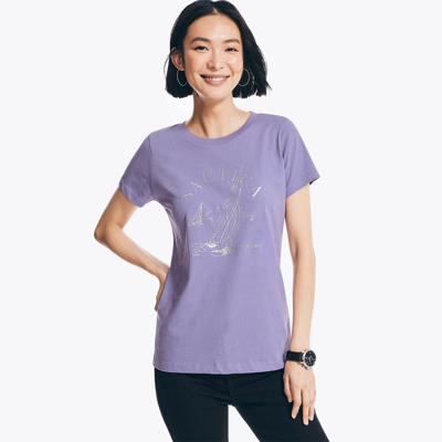 Nautica Womens Sustainably Crafted Glitter Sailboat Graphic T-shirt In Multi