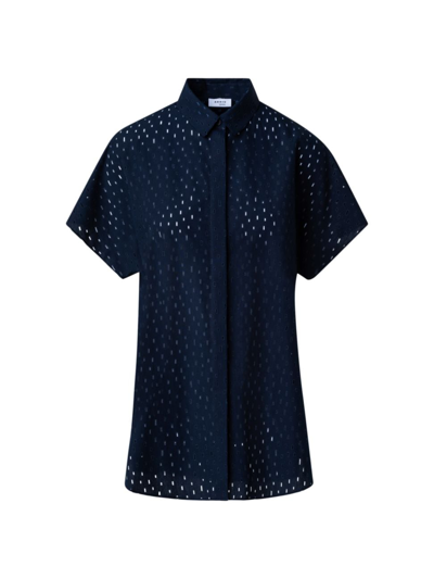 Akris Punto Lasercut Grid Cotton Popeline Collared Shirt In Navy