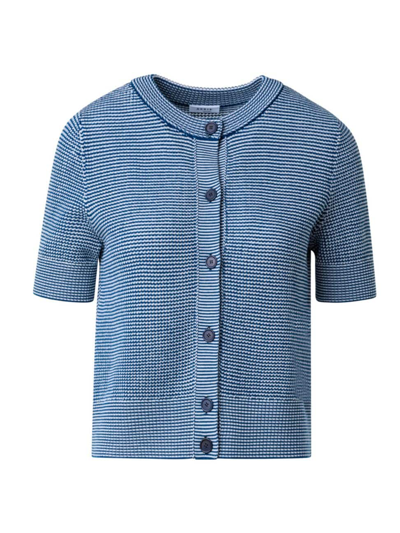 Akris Punto Wool Knit Short-sleeve Zip-front Cropped Cardigan In Navy Cream