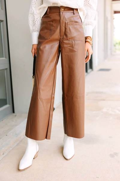 Fate Faux Leather Wide Leg Pants In Brown