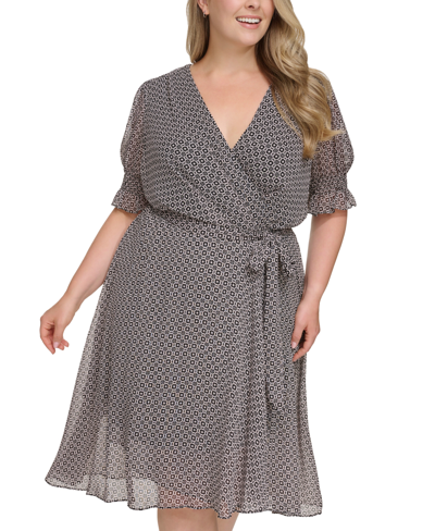 Tommy Hilfiger Plus Size Printed Smocked-sleeve Midi Dress In Bk,bllrna