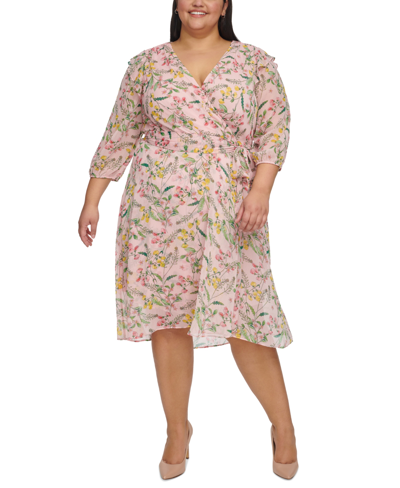 Tommy Hilfiger Plus Size Floral Chiffon 3/4-sleeve Midi Dress In Balrna Pnk