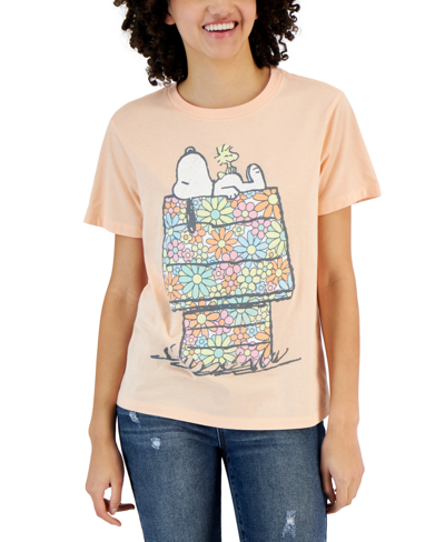 Grayson Threads, The Label Juniors' Snoopy Flower House Graphic-print T-shirt In Peach