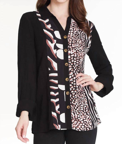 Multiples Turn Up Cuff 3/4 Sleeve Button Front Solid And Print Crinkle Woven Shirt In Black