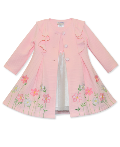 Blueberi Boulevard Baby Girls Floral Embroidered Knit Ottoman Coat Set In Light Peach