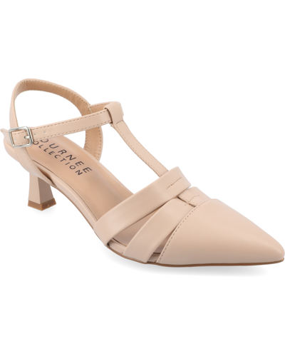 Journee Collection Women's Jazlynn T Strap Kitten Heel Dress Pumps In Taupe Faux Leather- Polyurethane