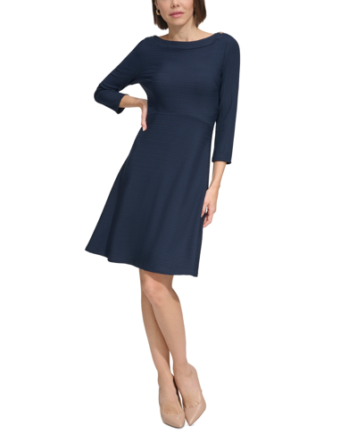 Tommy Hilfiger Petites Womens Mini Three Quarter Sleeve Fit & Flare Dress In Sky Capt