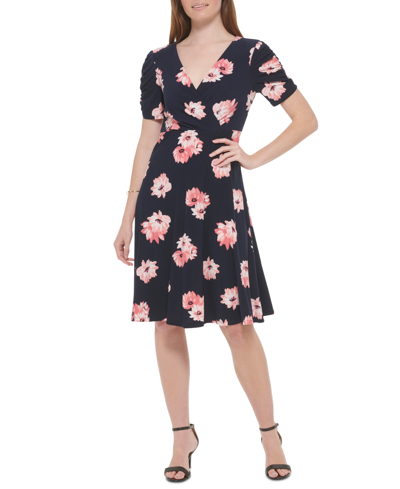 Tommy Hilfiger Petite Floral-print Ruched-sleeve Dress In Sky Capt,bloom