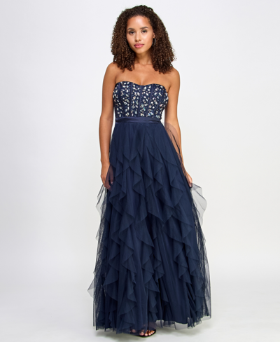 Pear Culture Juniors' Embellished Ruffled Strapless Gown In Navy