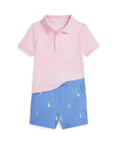 Polo Ralph Lauren Baby Boys Mesh Polo Shirt And Shorts Set In Garden Pink