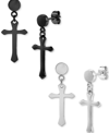 Blackjack 2-pc. Set Men's Cross Chain Drop Earrings In Stainless Steel & Black Ion-plated Stainless Steel In Black And Steel