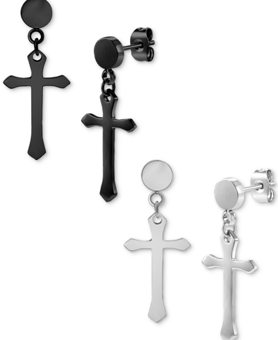 Blackjack 2-pc. Set Men's Cross Chain Drop Earrings In Stainless Steel & Black Ion-plated Stainless Steel In Black And Steel