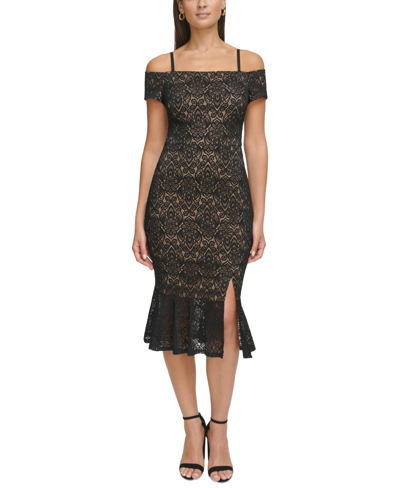 Guess Women's Lace Off-the-shoulder Midi Dress In Black Nude