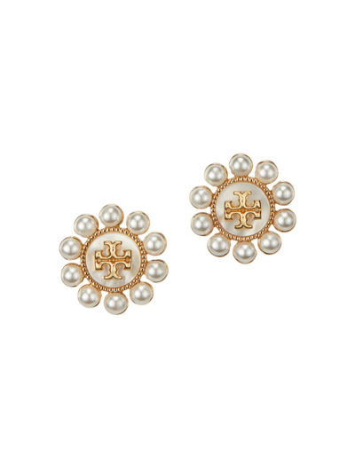 Tory Burch Women's Kira 18k-gold-plated, Mother-of-pearl & Imitation Pearl Logo Stud Earrings In Tory Gold Cream