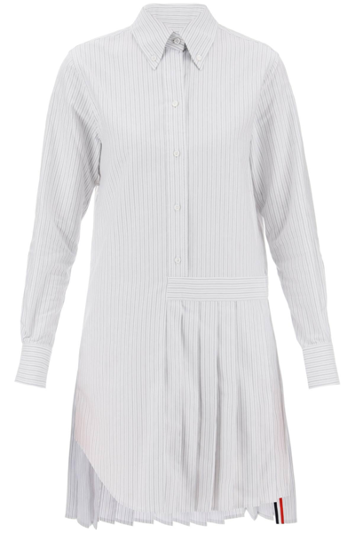 Thom Browne Striped Oxford Shirt Dress In White,grey
