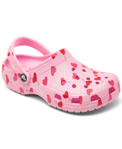 Crocs Kids' Big Girls Classic Valentine's Day Clog Sandals From Finish Line In Flamingo/red/white