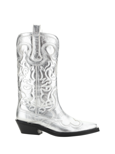 Ganni Western Boots In Silver