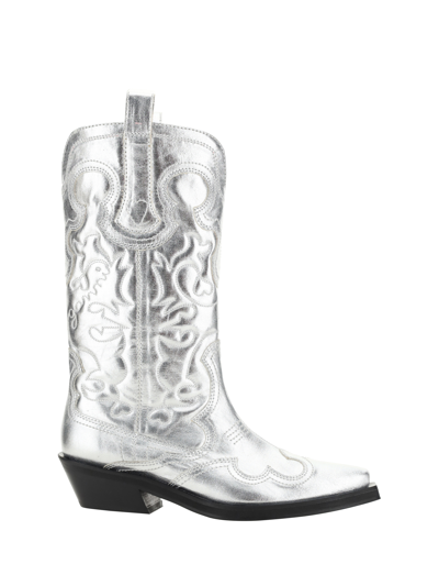 Ganni Embroidered Metallic Recycled Leather Cowboy Boots In Silver