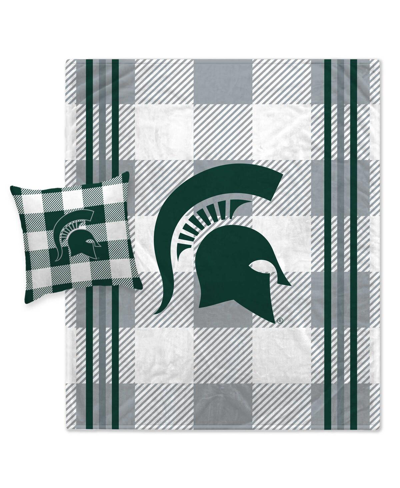 Pegasus Home Fashions Michigan State Spartans Gray Plaid Stripes Blanket And Pillow Combo Set In Multi