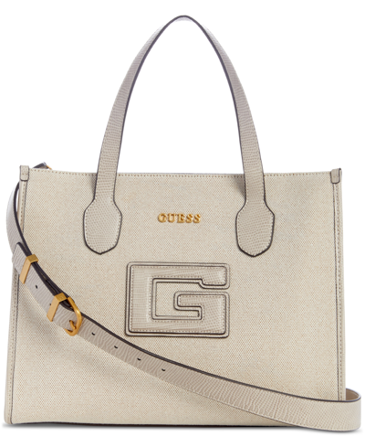 Guess Noelle Girlfriend Medium 4g Basique Monogram Satchel In Latte Logo