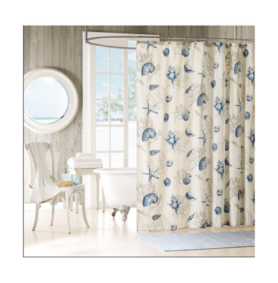 Home Outfitters Blue 100% Cotton Sateen Printed Shower Curtain 72x72", Shower Curtain For Bathrooms, Coastal