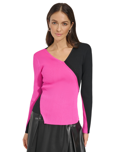 Dkny Women's Ribbed Colorblocked Asymmetrical Sweater In Shocking Pink,black