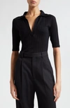 Vince Elbow-sleeve Silk Rib Polo Shirt In Black