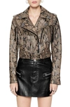 Rebecca Minkoff Janis Fringe Belted Leather Moto Jacket In Python Printed Foil