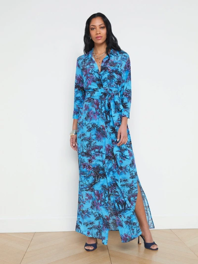 L Agence Cameron Silk Maxi Shirt Dress In Blue Multi Jungle Toile