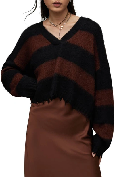 Allsaints Lou Crop V Neck Knitted Sweater In Black And Brown Stripe