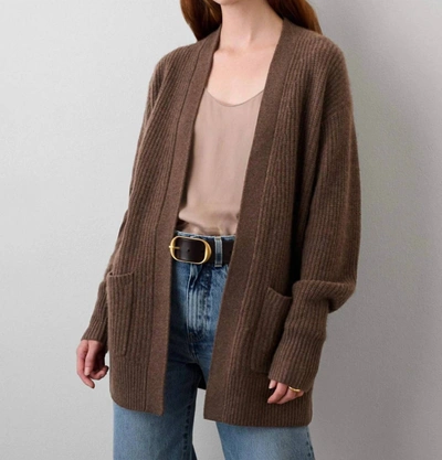 White + Warren Cashmere Ribbed Patch Pocket Cardigan Sweater In Mocha Heather In Multi