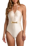 L AGENCE LEILA BELTED HALTER ONE-PIECE SWIMSUIT