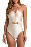 L Agence Leila Belted Halter One-piece Swimsuit In Champagne