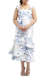 Dessy Collection Floral Print Ruffle Sleeveless Satin Midi Dress In Cottage Rose-larkspur Print