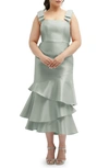 Dessy Collection Layered Ruffle Tie Strap Satin Midi Dress In Willow