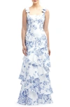 DESSY COLLECTION FLORAL PRINT RUFFLE TIE STRAP GOWN