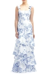 Dessy Collection Floral Print Ruffle Tie Strap Gown In Cottage Rose-larkspur Print