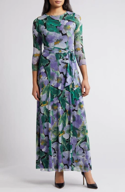 Anne Klein Floral Print Mesh Maxi Dress In Violet Dawn Multi