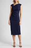 ANNE KLEIN ASYMMETRIC NECK SIDE RUCHED MIDI SHEATH DRESS