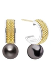 Lagos 18k Yellow Gold & Sterling Silver Luna Black Tahitian Pearl Half Hoop Earrings In Black/gold