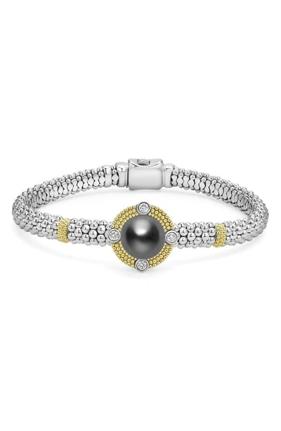 Lagos 18k Yellow Gold & Sterling Silver Luna Black Tahitian Pearl & Diamond Caviar Bead Bracelet In Black/silver