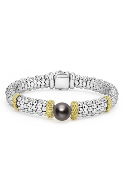 Lagos 18k Yellow Gold & Sterling Silver Luna Black Tahitian Pearl Caviar Bead Bracelet In Black/silver