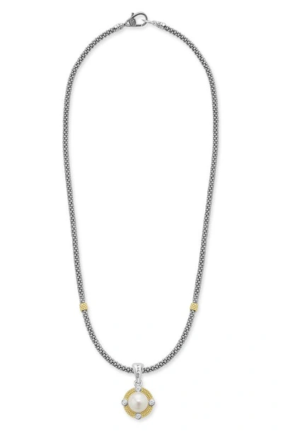 Lagos 18k Yellow Gold & Sterling Silver Luna Cultured Freshwater Pearl & Diamond Pendant Necklace, 16 In White/silver