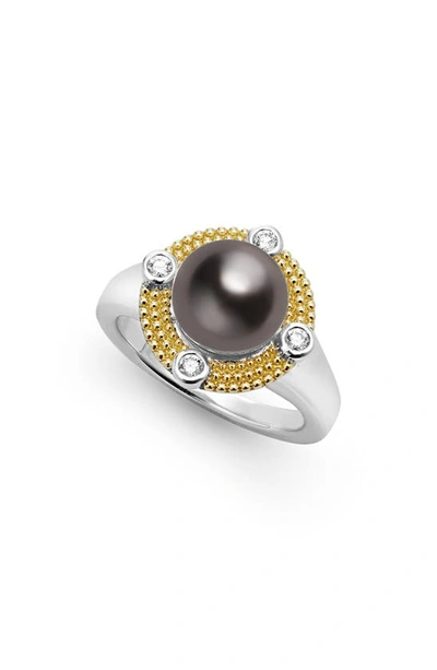 Lagos 18k Yellow Gold & Sterling Silver Luna Black Tahitian Pearl & Diamond Halo Ring