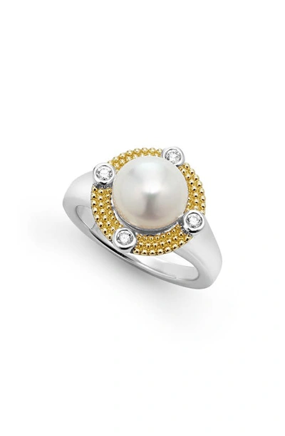 Lagos 18k Yellow Gold & Sterling Silver Luna Cultured Freshwater Pearl & Diamond Halo Ring In White/gold